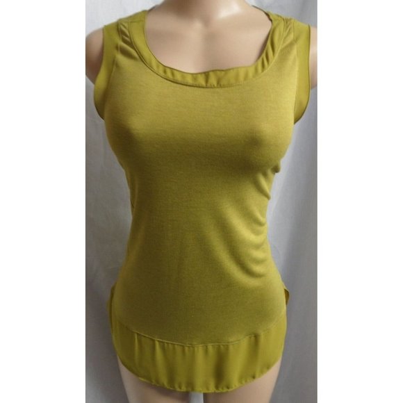 "LOFT" GREEN LAYERED FRONT CHIFFON INSETS SOFT KNIT SCOOP BLOUSE TOP SIZE: M NWT - Picture 2 of 4
